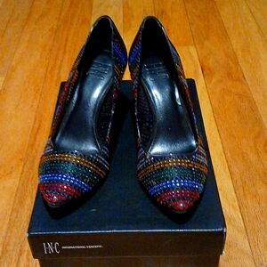 🌈 NWT INC. BLACK, SUEDE, SZ 6M, RAINBOW RHINESTONES